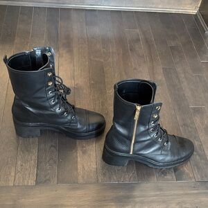 Michael Kors Black Leather Combat Boots with Gold Accents
